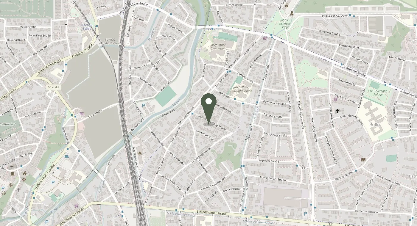 Stadtplan von Dachau mit Markierung der Praxis in der Robert-von-Haug-Straße 10